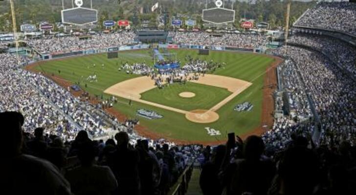 　昨年１１月、ドジャースのワールドシリーズ優勝報告会が行われたドジャースタジアム＝ロサンゼルス（共同）