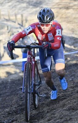 自転車のオフロードレース「第29回全日本選手権大会シクロクロス（ＣＸ）」最終日。斜面を駆け上がる宇都宮ブリッツェンの沢田＝道の駅うつのみやろまんちっく村の特設周回コース
