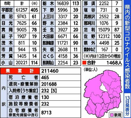 県内の新型コロナウイルス感染者数（13日発表分）