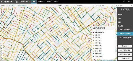 　ＡＩ予測による劣化度で色分けされた水道管の地図（フラクタ提供）