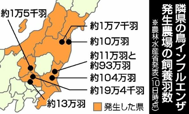 隣県の鳥インフルエンザ発生農場の飼養羽数
