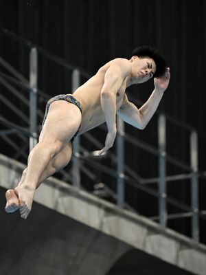 男子3メートル板飛び込み決勝 準優勝した須山(日本水泳振興会宇都宮)の6回目の演技=東京アクアティクスセンター、森田大地撮影