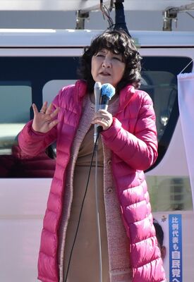 自民新人候補の応援で街頭演説する片山財務相＝３日午後、小山市