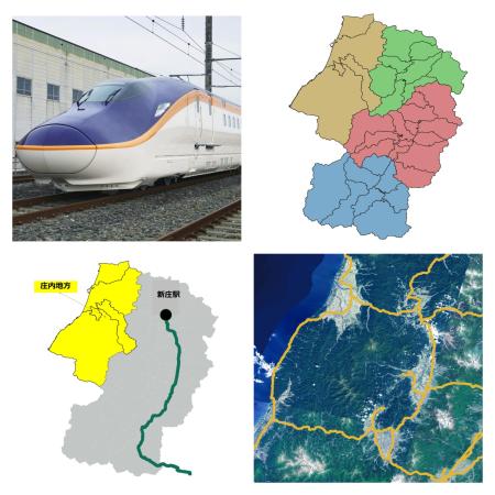 　山形新幹線の車両と山形県の地図を組み合わせたコラージュ。庄内地方は県北西部に広がる（地図・鉄道データは国土数値情報を基に編集部作成）