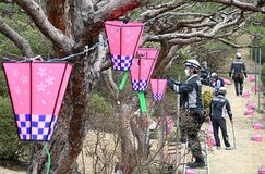 八幡山公園でぼんぼり取り付け