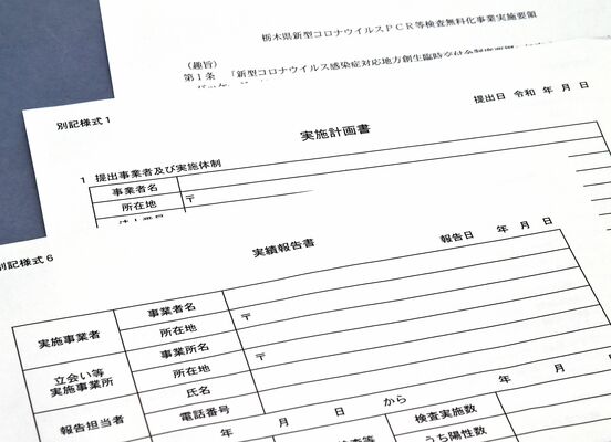 コロナ無料検査事業の申請書類。補助金交付に必要な「実績報告書」の記入項目は、検査件数や陽性者数など最低限のものだった