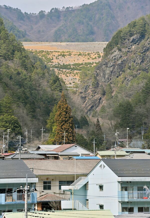 市街地から見える簀子橋堆積場の堤体。麓には住宅などが立ち並ぶ=16日午後、日光市足尾地域中心部