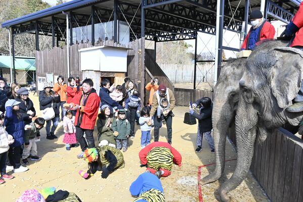 ゾウと一緒に豆まきする家族連れなど