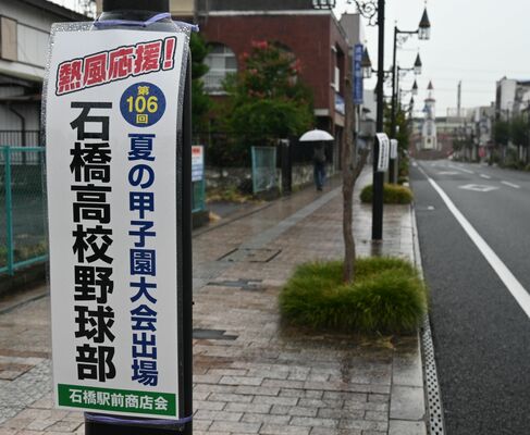 ＪＲ石橋駅前の通りに掲げられたポスター＝14日午前、下野市石橋