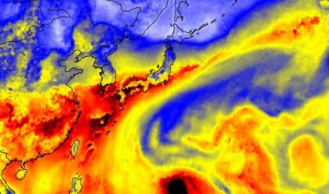2018年7月6日、西日本豪雨の際に観測された大気の川。赤色が濃いほど水蒸気量が多い(釜江陽一氏提供)
