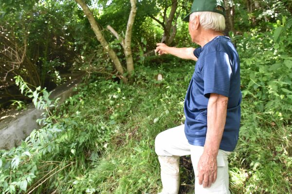 クマに襲われた自宅庭先の斜面を指さす男性＝６日午前10時半、那須塩原市上塩原