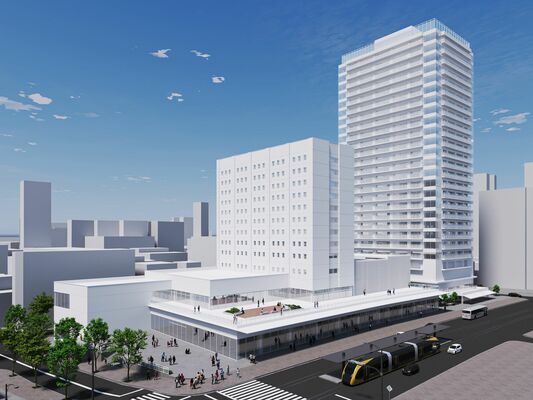 宇都宮市のバンバ地区市街地再開発事業で計画されているタワーマンション（右）や商業棟（中央）などのイメージ図。右下は大通りに整備予定のＬＲＴ