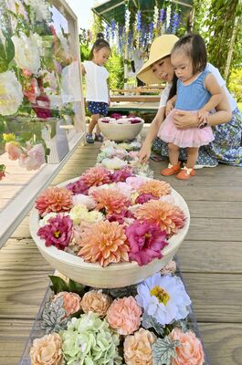 シャクヤクなどの花で彩られた花手水＝17日正午、足利市迫間町