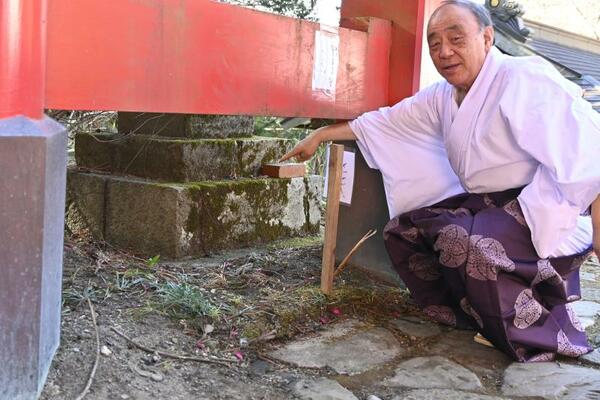 馬の横顔のような模様を指す長倉宮司