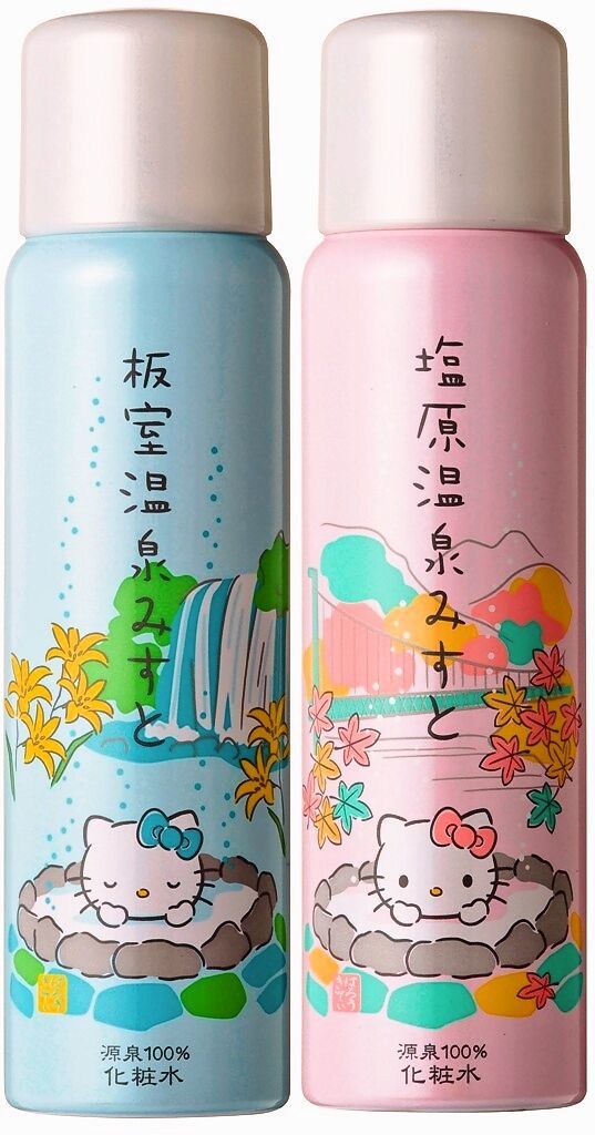塩原温泉と板室温泉の温泉を使用して作られた肌に優しい化粧水。かわいいハローキティのラベルが目印です！ Ⓒ1976, 2019 SANRIO CO., LTD. APPROVAL No.G600157