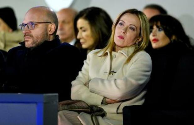 　ミラノ・コルティナ冬季パラリンピックの開会式に出席したイタリアのメローニ首相＝６日、イタリア・ベローナ（ゲッティ＝共同）