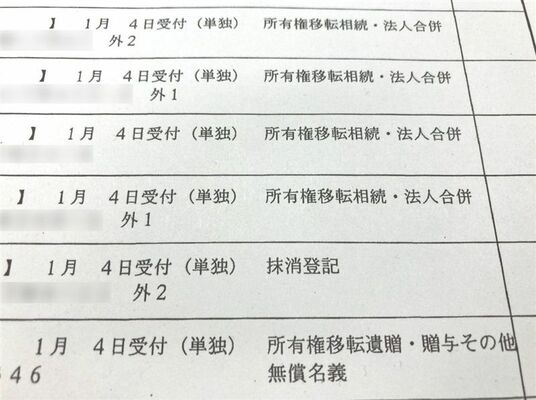 記者が開示請求した「受付帳」。日付順に並び「所有権移転遺贈」などの変更理由が確認できる（住所部分を修正）