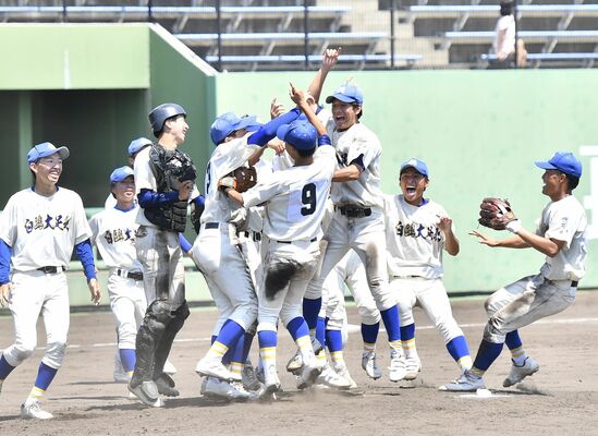 初優勝で歓喜に沸く白鴎足利ナイン＝茨城県土浦市のＪ：ＣＯＭスタジアム土浦