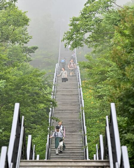 霧がかった山頂付近へと続く階段=8日午後0時40分、日光市所野