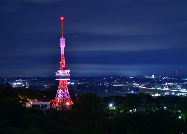 がん征圧月間でピンク色にライトアップされた宇都宮タワー＝２０２３年９月