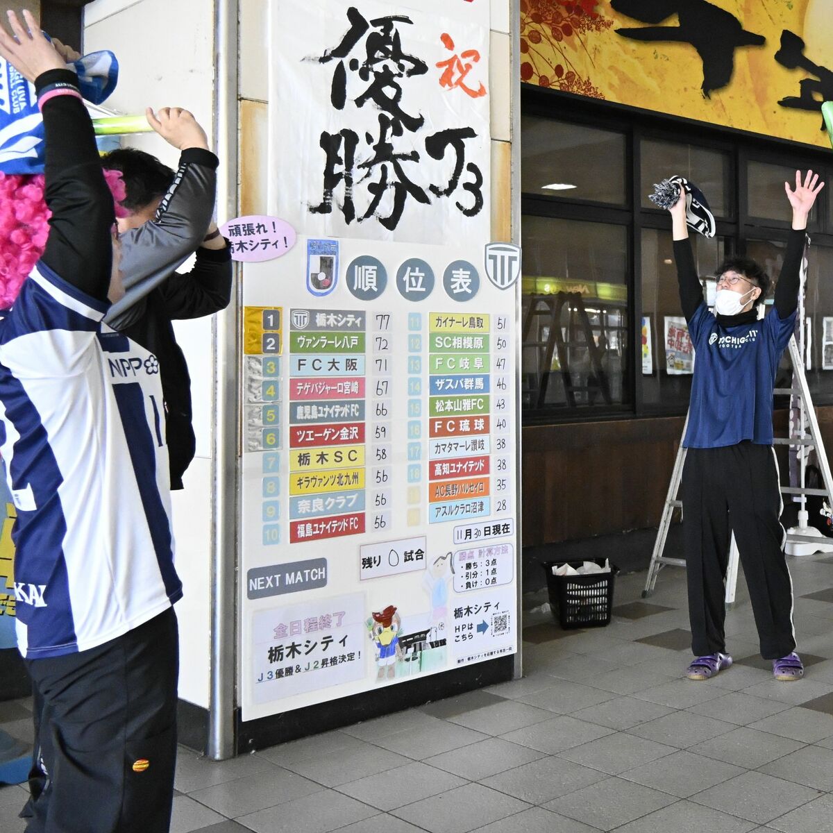 祝・栃木シティJ3優勝、市民有志が駅に手作りの優勝旗 順位表ボード