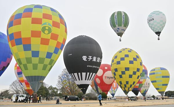 競技が始まり次々と飛び立つ熱気球=13日午前7時45分、栃木市藤岡町藤岡
