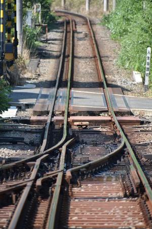 　単線の三線軌条から狭軌の線路が分岐する複雑なポイント＝入生田駅構内