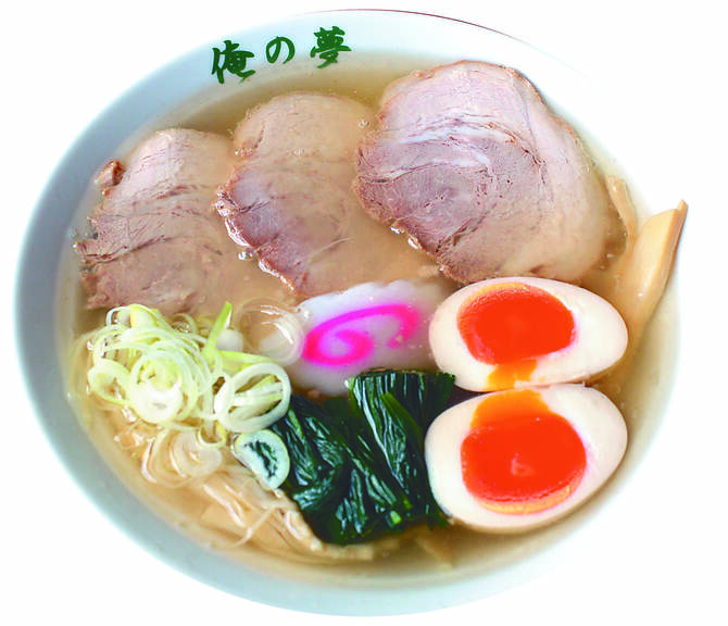 看板メニューの「夢ちゃんらーめん」。トッピングの半熟煮玉子は那須御養卵を使用