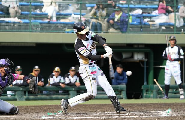 ６回、栃木ＧＢのダッタが左前に適時打を放つ＝エイジェックスタジアム