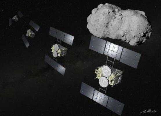 小惑星「トリフネ」の近くを通過しながら観測する探査機はやぶさ2のイメージ(池下章裕氏作成・JAXA提供)