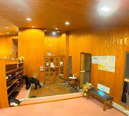 宿泊施設の玄関で防犯カメラ映像に映るクマ＝20日夜、日光市中宮祠（経営者の男性提供）