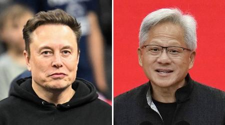 　イーロン・マスク氏（左、ゲッティ）のモーレツな働きぶりに驚嘆したジェンスン・フアン氏