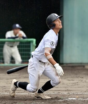 ３回、鹿沼南の石岡が右越え適時三塁打を放つ＝とちぎ木の花