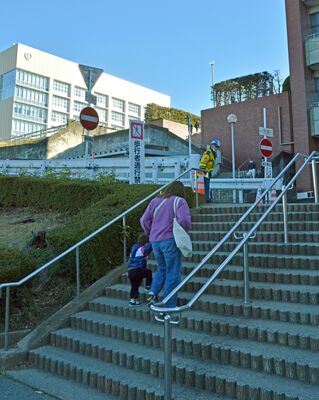西側駐車場から市庁舎（左奥）に向かう階段。この先も階段が続く