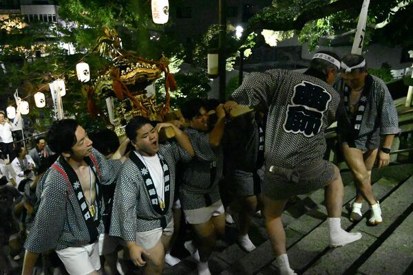 宇都宮二荒山神社の石段を勇壮に登るみこし＝19日午後７時３５分、宇都宮市馬場通り１丁目