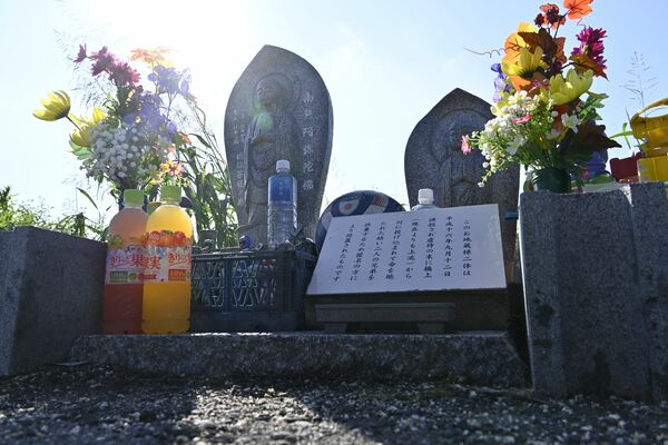 朝日に照らされる兄弟を供養する地蔵。事件発生から２０年となり訪れた人が線香や飲み物を備えた＝12日午前８時20分、小山市間中