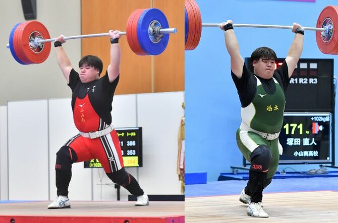 インターハイでのジャーク試技（写真左）  国体でスナッチ・ジャークともに大会新記録で優勝（写真右）