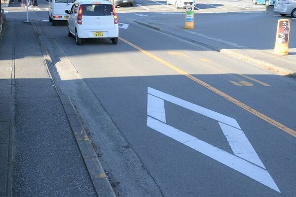 横断歩道の手前に表示されているダイヤマーク＝11日午後、宇都宮市下戸祭２丁目
