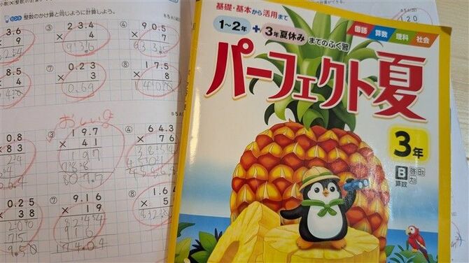 丸付けがされた小学生の夏休みの宿題（写真と本文は関係ありません）