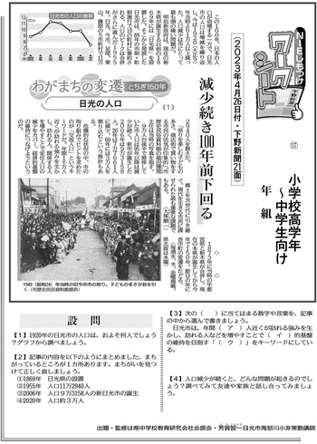 減少続き100年前下回る｜NIEしもつけワークシート｜NIEしもつけワーク