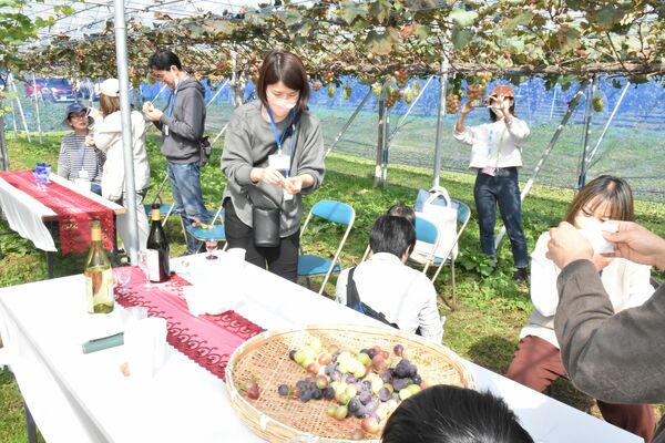 ブドウを試食しながら交流する参加者