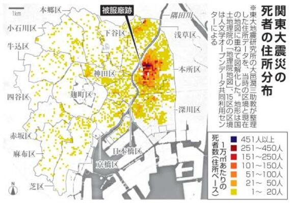 　関東大震災の死者の住所分布