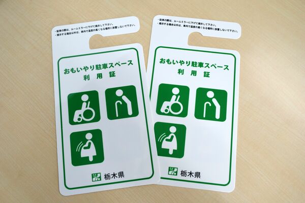 県が交付する「おもいやり駐車スペース利用証」。ネット上に出品されたものは「栃木県」と県章の記載がない