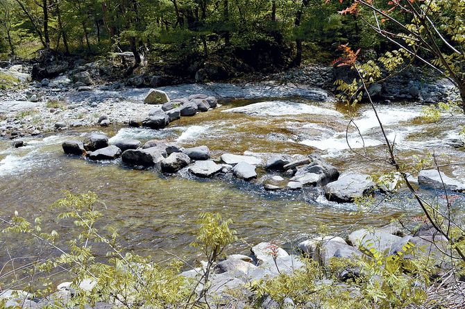 飛び石で川遊びもできる上滝河川公園