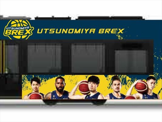 選手の写真が配置されたラッピング電車のイメージ（市提供）