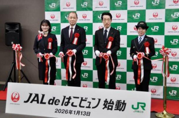 　新たな輸送サービス開始を記念し、テープカットするＪＲ東日本と日本航空の担当者＝１３日午後、羽田空港