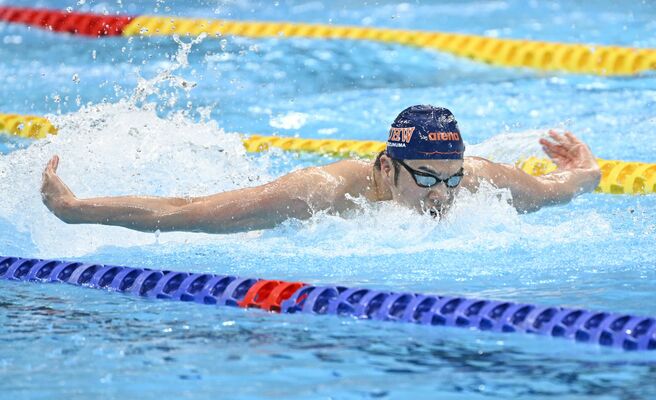男子１００メートルバタフライ決勝　５位となった水沼（新潟医療福祉大職）＝東京アクアティクスセンター、森田大地撮影