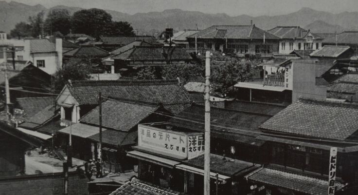 １９５７年度の市勢要覧にある旧佐野市の中心市街地。右上に当時の市庁舎や議事堂が見える（佐野市提供）