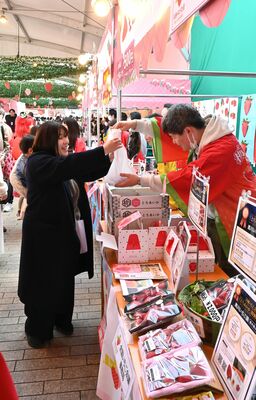 各県自慢のイチゴを販売する「全国いちご会議」のブース