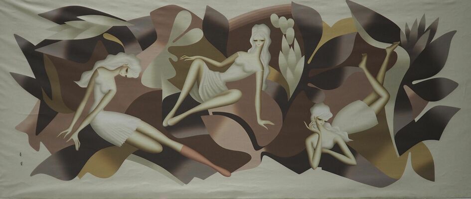 東郷青児「浮遊する３人の女性」１９６９年、油彩　ⓒＳｏｍｐｏ　Ｍｕｓｅｕｍ　ｏｆ　Ａｒｔ　２４０３６（県立美術館提供）